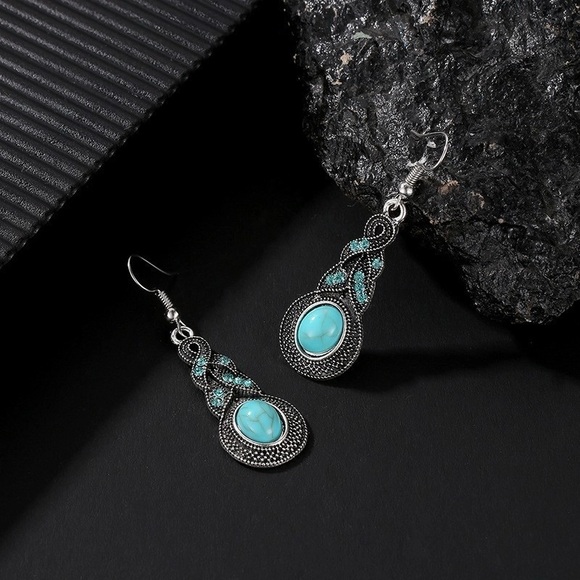 New Faux Turquoise Crystal Bling Silver toned Necklace and earring set Cocktail - Picture 5 of 5